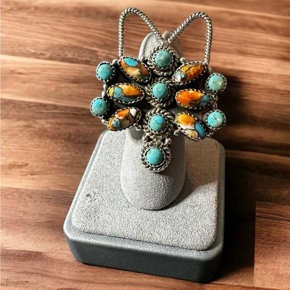 Dragon Fly Turquoise & Spiny Oyster Solid Sterling Silver Ring - Picture 1 of 10
